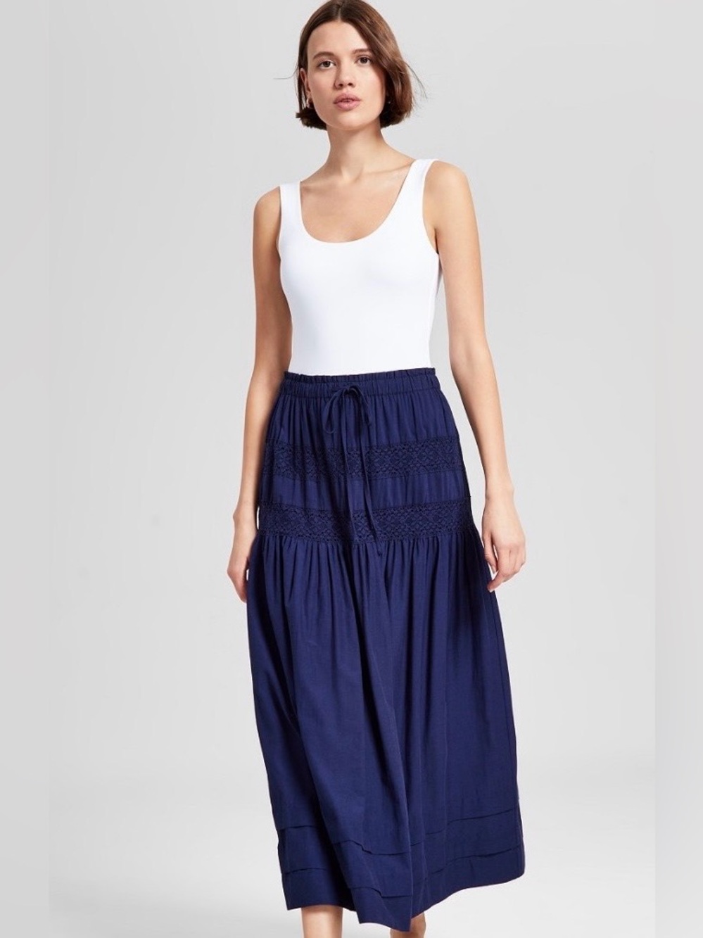 NWT And Now This Boho Tie-Waist Lace Inset Navy Maxi Skirt-Medium - Picture 2 of 10